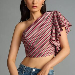 Maeve One-Shoulder Cropped Stripe Ruffle Blouse